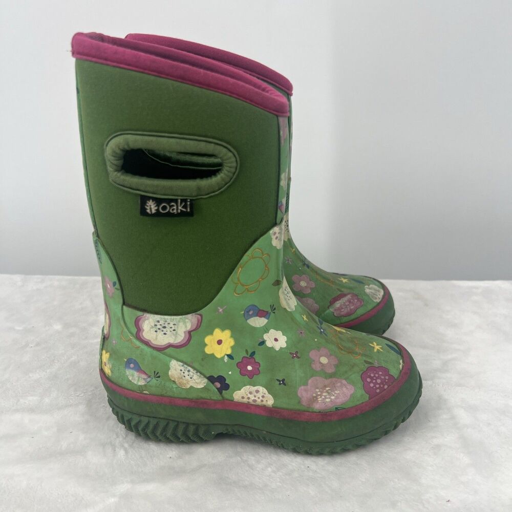 Oaki Girls Rain Boots Green Floral Pull On Size 9